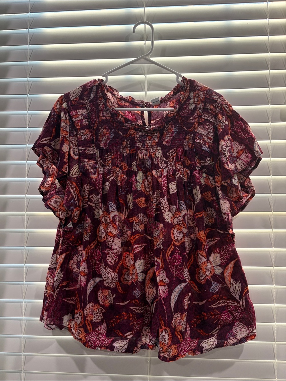 Old Navy Burgundy Floral Ruffle Sleeve Blouse